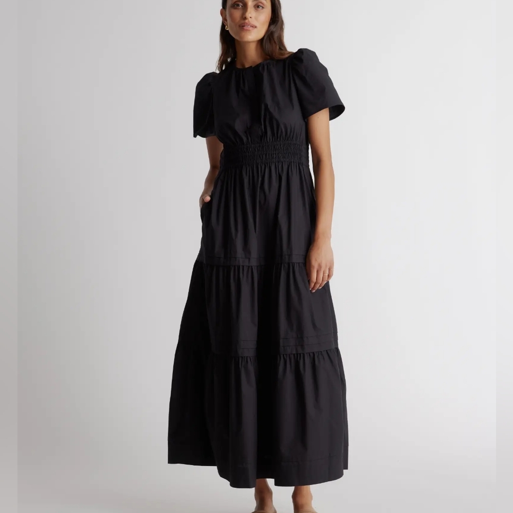 Quince Organic Cotton Tiered Maxi Dress Black XS